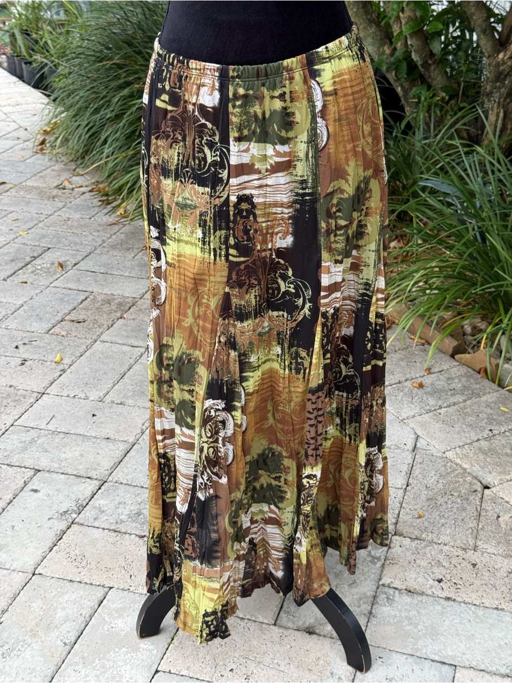 JM Collection Olive, Brown & Black Abstract Print Skirt